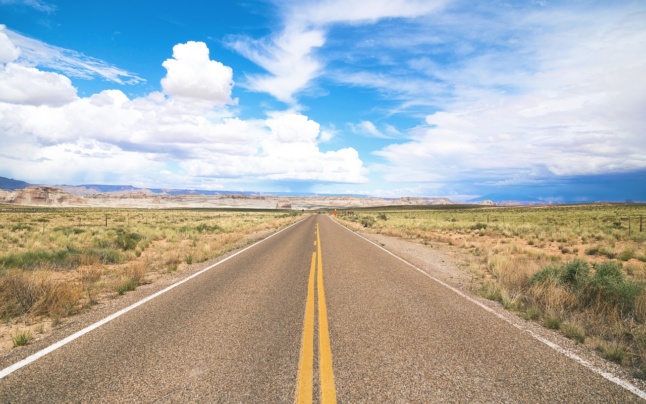 concrete road, long road, road and hills, lonely human